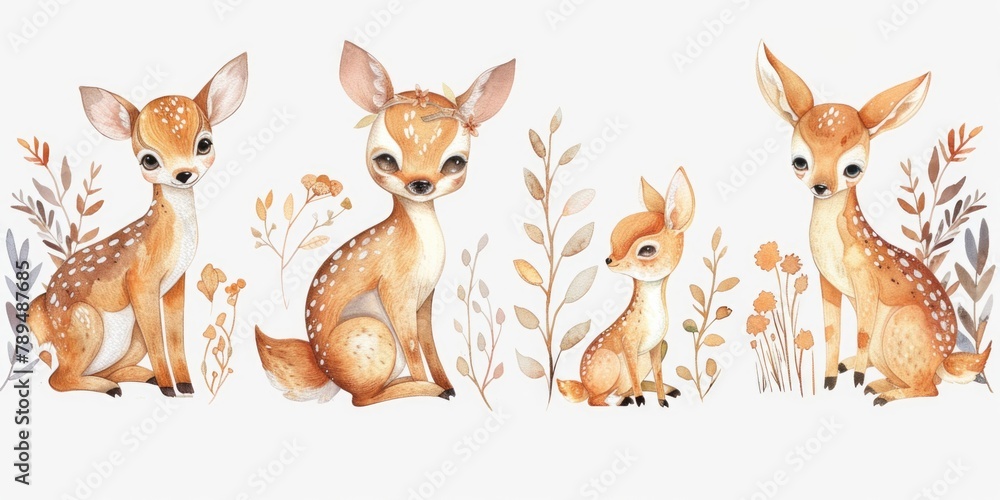 Fototapeta premium Group of fawns sitting peacefully in the grass. Suitable for nature and wildlife concepts