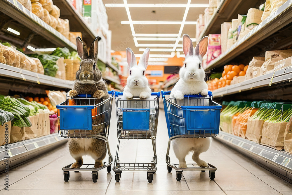 A family of rabbits in a store with carts makes purchases.