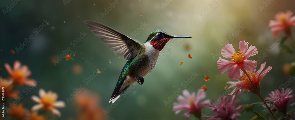 Naklejka premium Fluttering Petals: A hummingbird hovers over vibrant flowers capturing the essence of nature's dance in a close-up double exposure photo, showcasing small animal beauty.