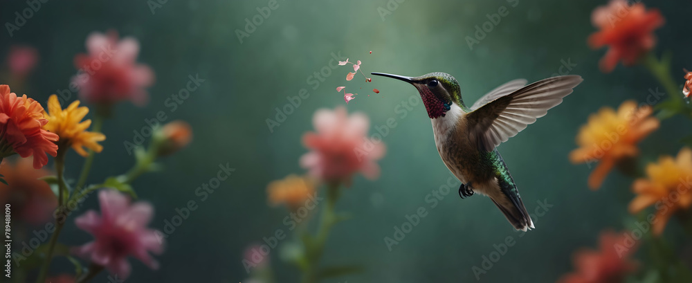 Naklejka premium Nature's Dance: A Vibrant Close-Up with a Hummingbird and Fluttering Petals Capturing the Essence of Nature - Double Exposure Photography