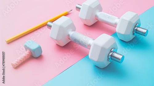 Minimalist scene made of white dumbbells and pencil with eraser against pink and blue background