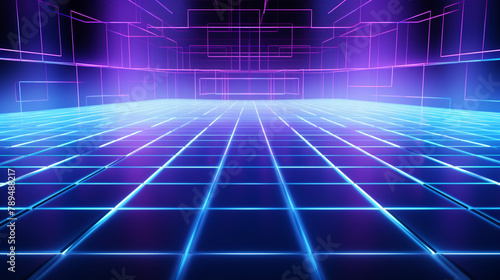 Cyan blue and purple grids neon glow light lines design on perspective floor, creativity, digital, internet, cyberpunk, virtual reality concept, hi-tech abstract backgroud, generative AI