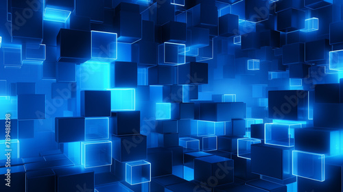 Futuristic blue digital geometric technology cube background banner illustration 3D - Glowing blue shape texture wall  generative AI