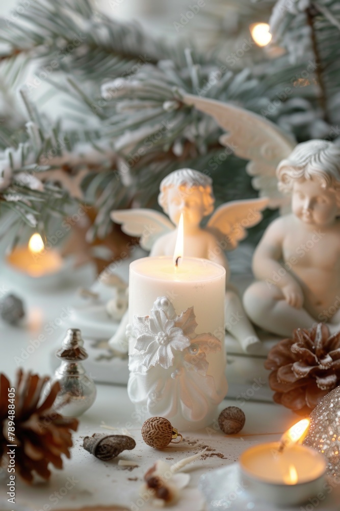 Fototapeta premium A beautiful candle surrounded by angel figurines and pine cones, perfect for holiday decorations