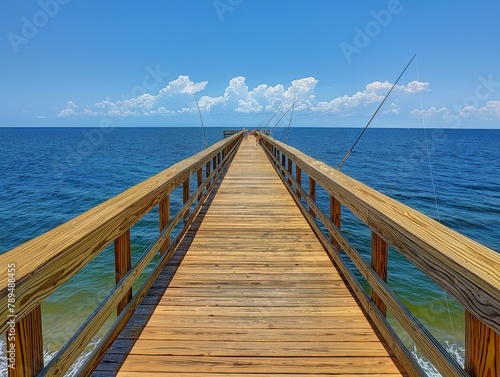 A wooden pier with a pier walkway leading to the water