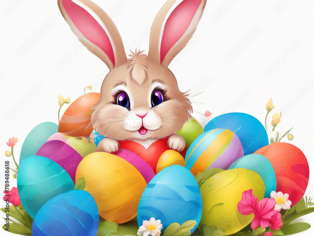Little rabbit in a green spring lawn with decorated eggs - Easter card