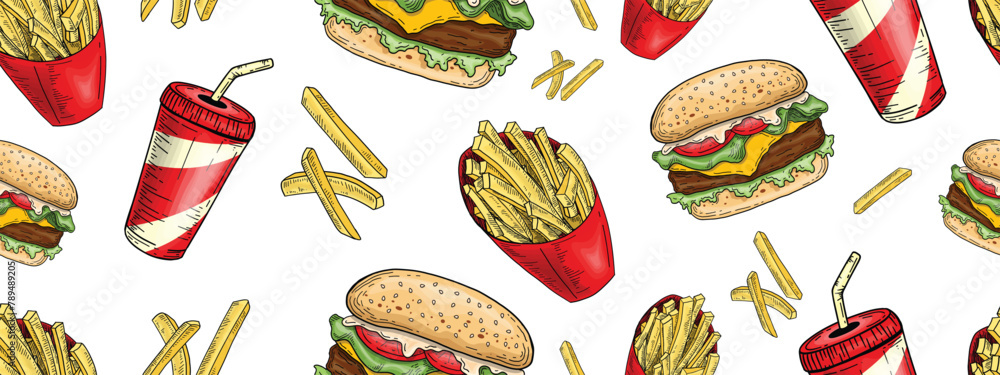 Vector Hand Drawn Burger and French Fries Seamless Pattern Retro ...