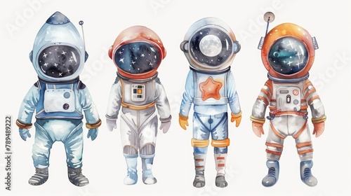 Three astronauts standing in a group. Suitable for science and space-related projects