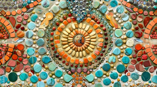 Vibrant and intricate mosaic created with a variety of gemstones and beads  forming a radial pattern with a rich texture.