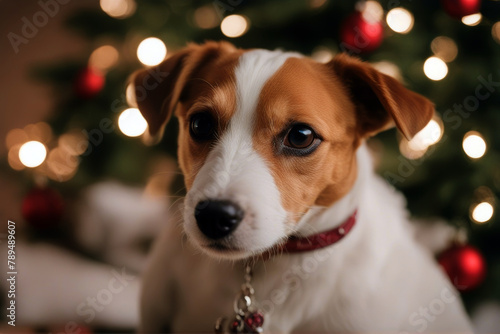 christmas Terrier new Jack dog Russell year puppy adorable red pretty cute cat tree animal holiday chaplet purebred brown hat seasonal breed decoration © mohamedwafi