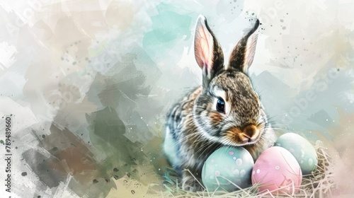 A painting of a rabbit sitting in a nest with eggs. Suitable for Easter and spring themed designs