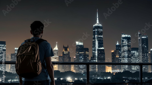 Urban Wanderlust Chronicles: A Backpacker's Tale Unfolding Against the City Skyline - Travel and Adventure Stock Concept