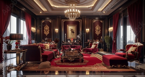 Hollywood Regency inspired 3D interior with Ruby-colored upholstery and lavish decor photo