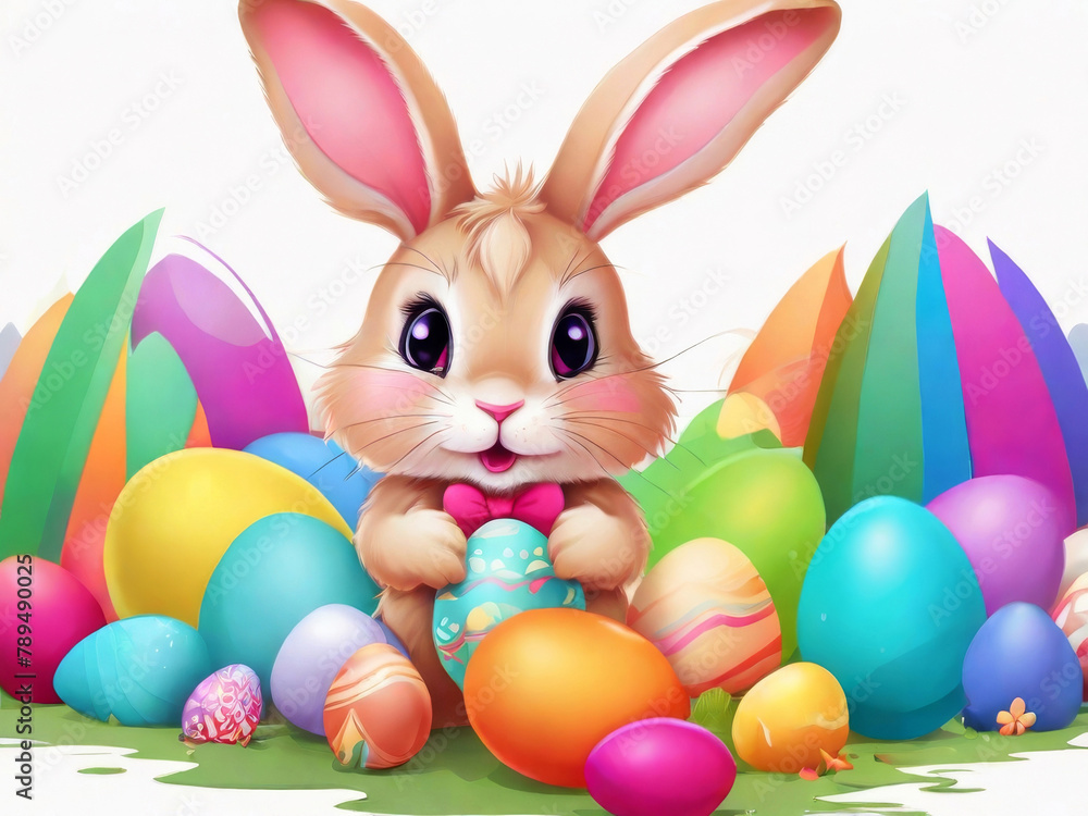 Little rabbit in a green spring lawn with decorated eggs - Easter card