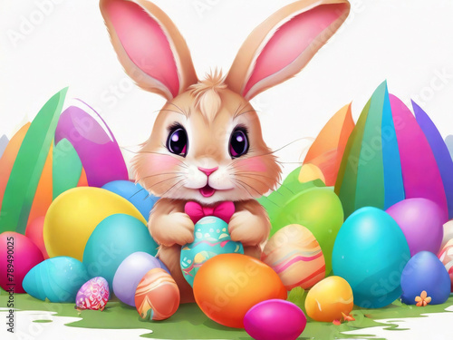 Obraz na płótnie Little rabbit in a green spring lawn with decorated eggs - Easter card w salonie