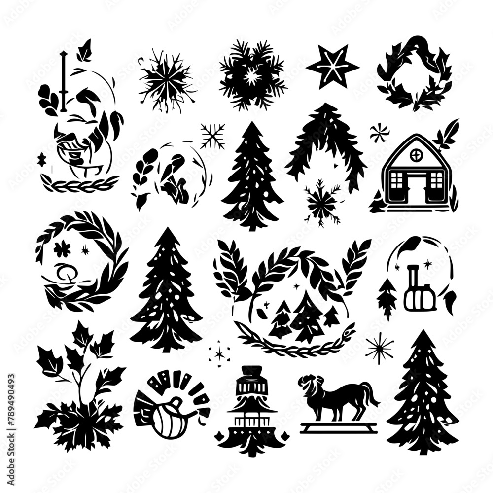 Black and white silhouette of christmas and elements