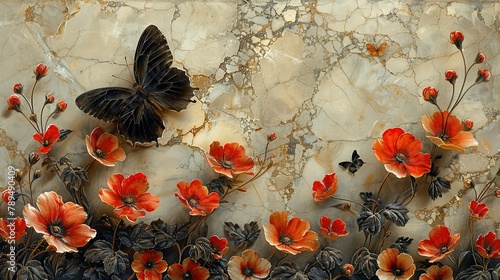 panel wall art, marble background with flowers designs and butterfly silhouette, wall decoration