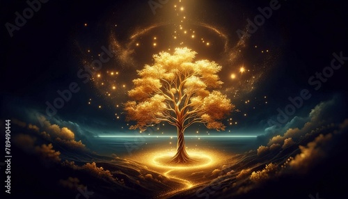 Golden Tree Glowing in Dark Night, Generative AI