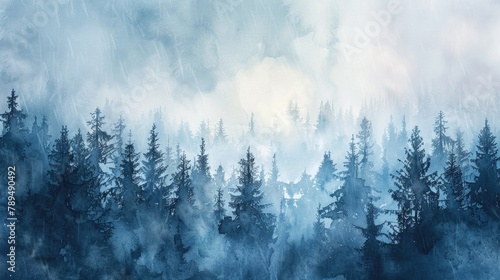 A painting of a dense forest with lots of trees. Suitable for nature lovers and outdoor enthusiasts