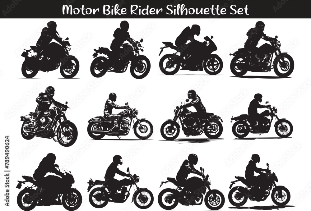 Obraz premium Motor Cycle Rider Poses Silhouette Vector Illustration