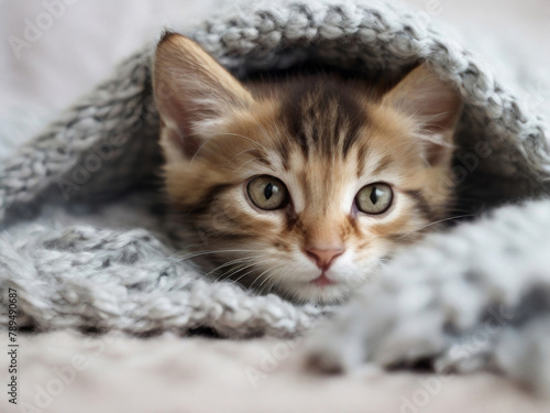 Obraz na płótnie Cute gray kitten in a knitted blanket and scarf w salonie