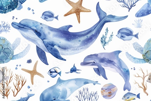 Group of dolphins and sea creatures on a plain white backdrop. Ideal for educational materials or marine conservation campaigns