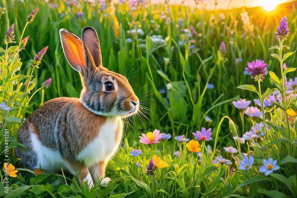 Rabbit on the lawn with flowers at sunset