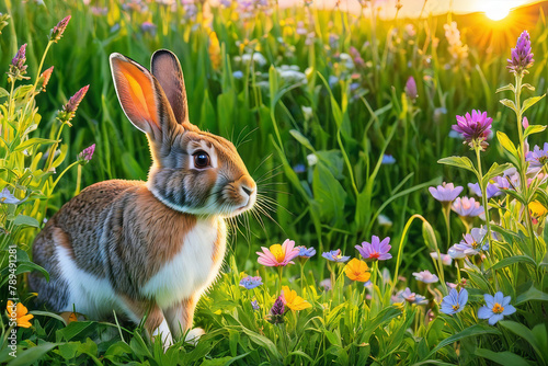 Obraz na płótnie Rabbit on the lawn with flowers at sunset w salonie