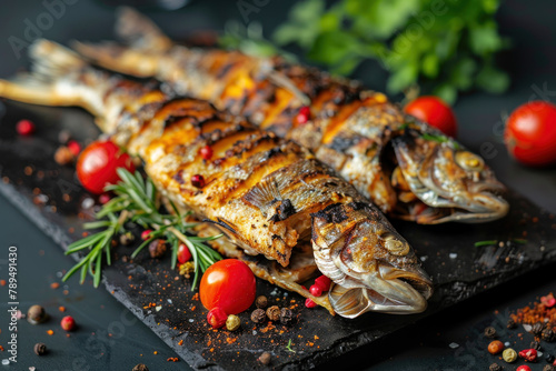 grilled fish with herbs and spices on a dark background. food concept for a restaurant or menu design