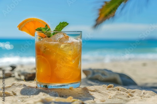 Refreshing orange summer cocktail in glass on sunlit beach for a delightful vacation experience