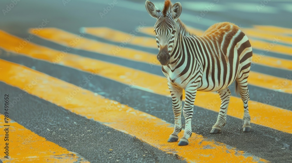 Fototapeta premium A zebra standing in the middle of a crosswalk. Suitable for transportation concepts