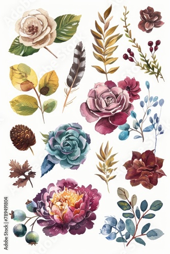 Beautiful watercolor collection of flowers and leaves. Perfect for various design projects