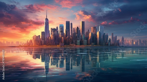 Titanium skyscrapers tower over the horizon, their surfaces reflecting the vivid hues of the sunset, captured in stunning realism