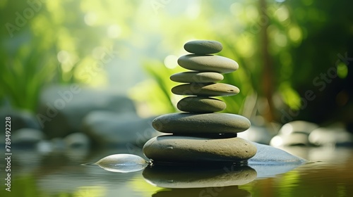 Tranquil Zen stones stacked with bamboo on water, symbolizing relaxation and harmony, perfect for a spa setting in crisp