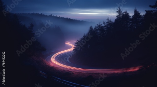 Twilight and fog embrace a winding road through pines, with car lights blurred into glowing trails by long exposure