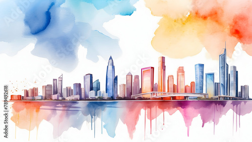 Watercolor Hand Drawing Skyline Strategy Strategic Business Concepts Merging with City Skyline, Illustrating Vision for Future in Business Exposure Photo Stock Construction Concept