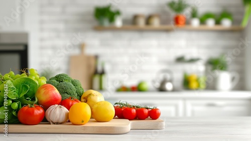 Fresh vegetables on a white table with a wooden cutting board in the white kitchen with copy space.