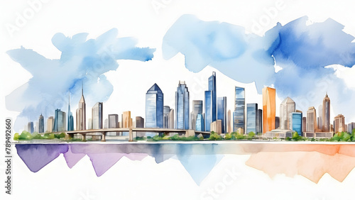 Watercolor Hand Drawing Skyline Strategy: Merging Strategic Business Concepts with City Skyline for Future Vision - Business Exposure Photo Stock Construction Concept