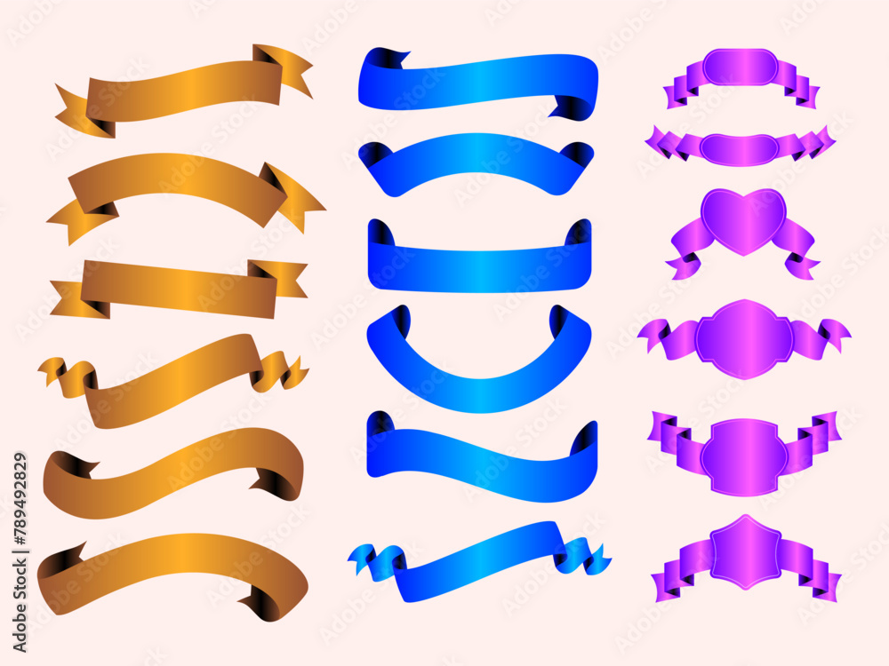 Ribbon elements. Modern simple ribbons collection. Flat banner ribbon for decorative design. Ribbons, Banners, badges, Labels Design Elements.