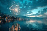 Sleepy lakeside town comes alive under the sparkle of fireworks, mirrored in the gentle waves below.