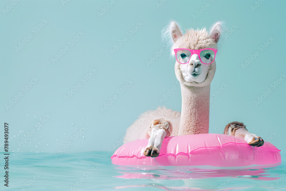 Obraz premium Cute alpaca with swim floating ring for summer vacation on color background with space for text.