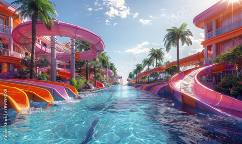 Beautiful summer waterpark with awesome creative waterslides