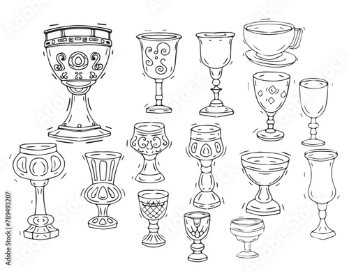 tarot bowls cups occultism magic spiritualism symbols graphics drawn on a white background by hand glasses dishes glasses