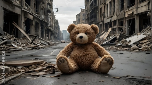 # Prompt 1: Realistic Photographic ImageA brown teddy bear, resembling an English brown bear, sits solemnly on a deserted road amidst the chaos of a city ravaged by war. Buildings around it lay in rui photo