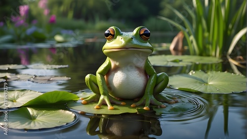   Photorealistic Images prompt:"An adorable frog, whimsically dressed in a tiny raincoat and holding a miniature umbrella, standing on a lily pad in a tranquil pond. The frog has large expressive eyes © Iram__Art's 