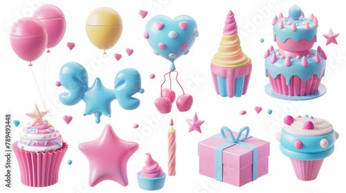 Various 3D modern realistic objects including toy balloons, hearts, star symbols, cupcakes, cakes, and gift boxes.