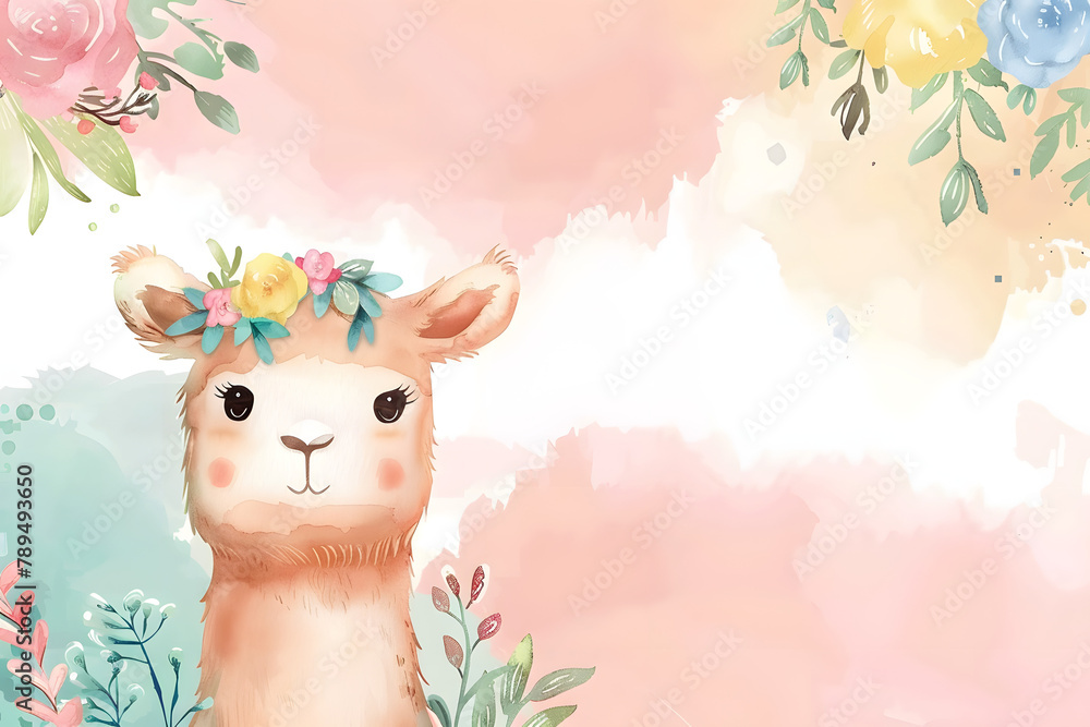 Obraz premium Cute cartoon alpaca border frame on background in watercolor style.