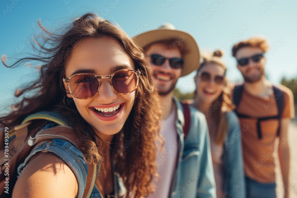 Group of friendsl having fun while traveling on holiday. Friendship, outdoors activities concept