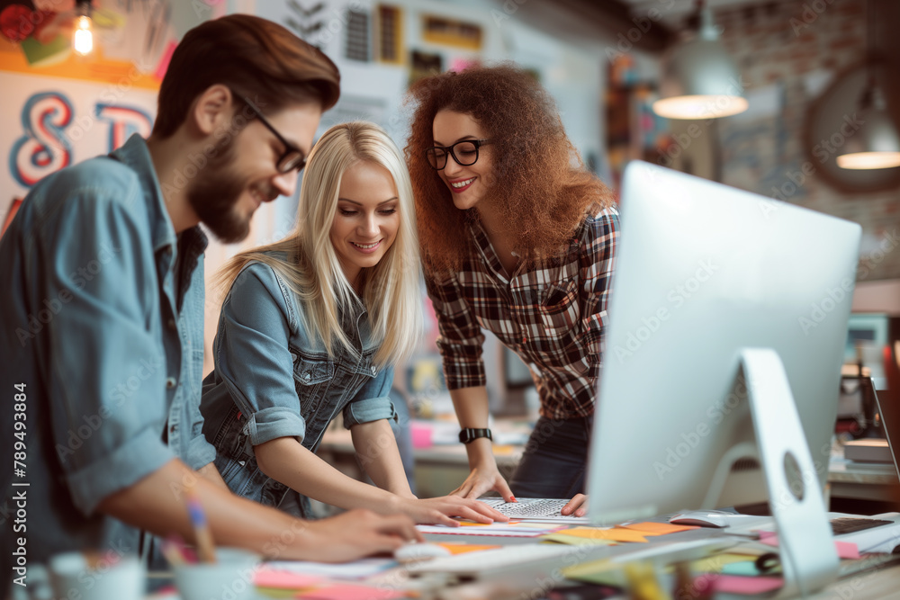 Happy colleague team working in office. Group of university friends doing project together Happy colleague team working in office. Group of university friends doing project together