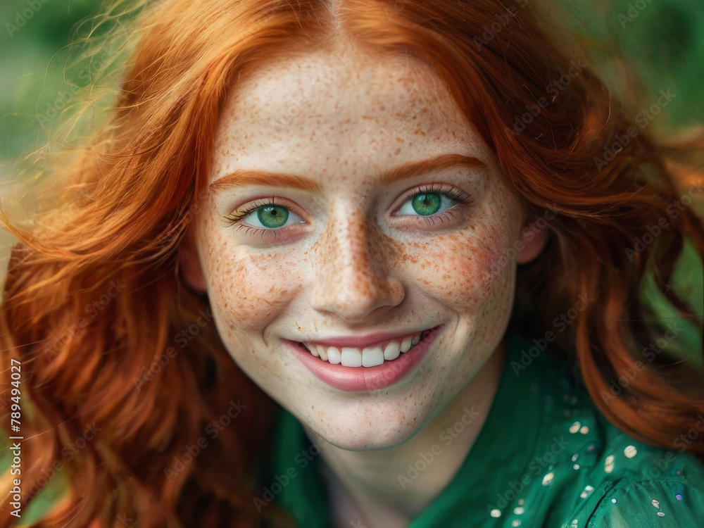 Portrait of a beautiful cheerful redhead girl with green eyes and flowing curly hair, smiling and laughing, looking at the camera.